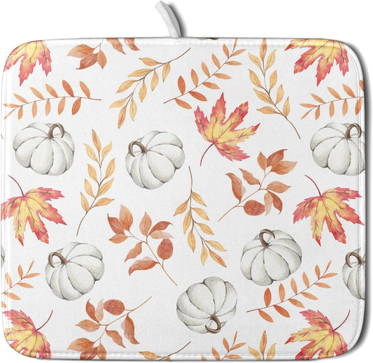 Fall Dish Drying Mat for Kitchen Counter Autumn White Pumpkins Maple Leaves Seasonal Super Absorbent Reversible Microfiber Kitchen Countertop Protector Dishes Pad Small 16x18 inch