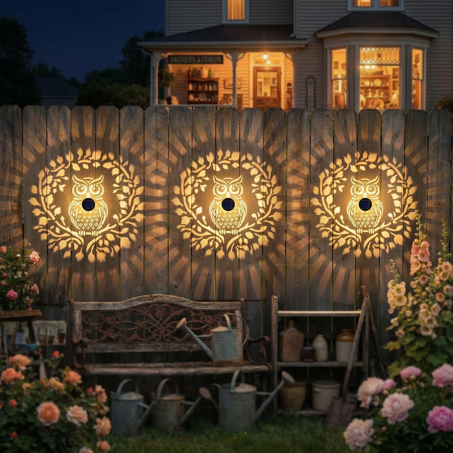 Solar Fence Lights Outdoor 2 Pack — Owl-Themed Metal Waterproof LED Warm Light for Garden, Patio & Yard (Black)
