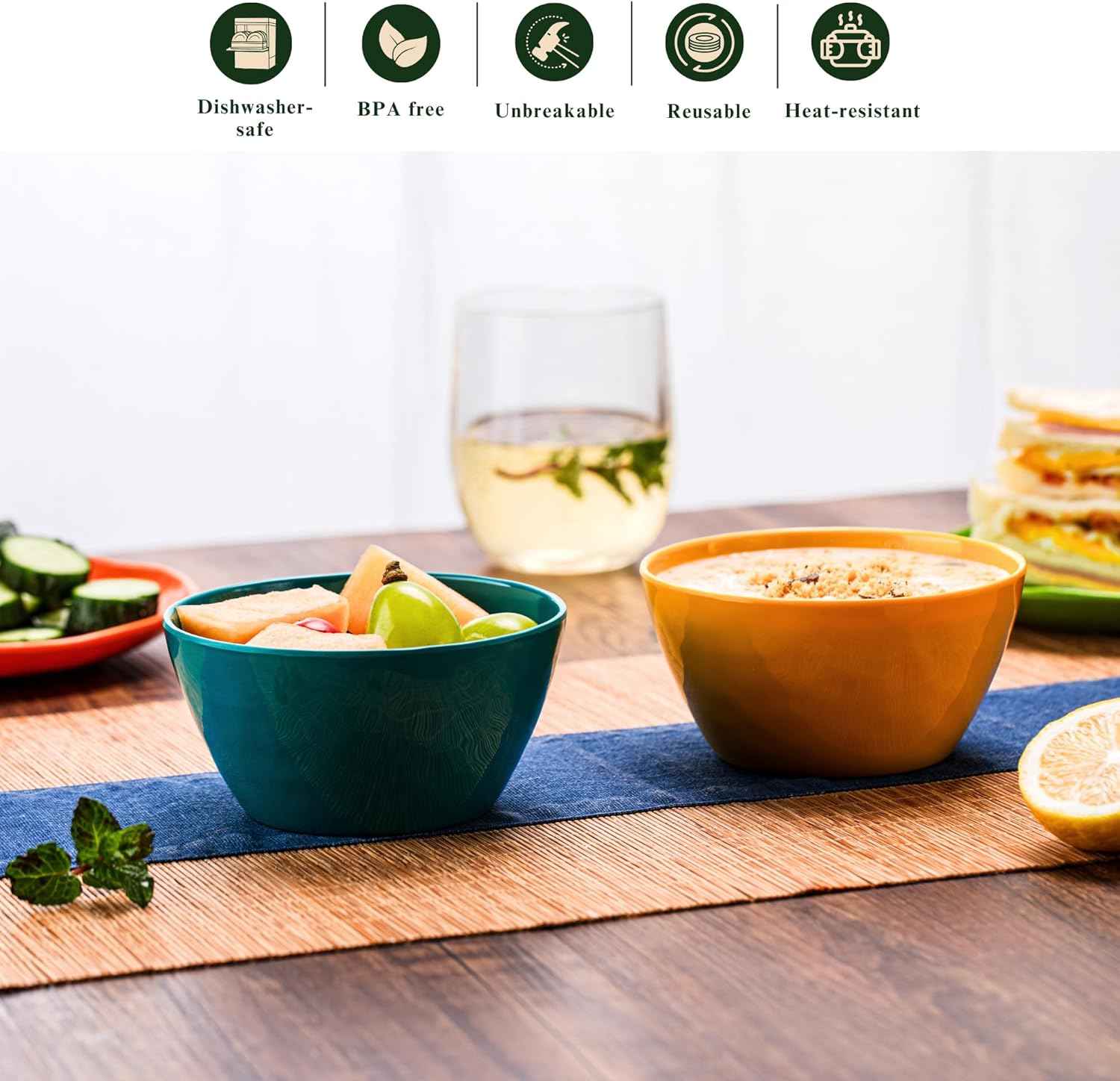 4.7-Inch Melamine Rice Bowls (Set of 6) - 12oz Unbreakable and Reusable Soup Bowls with Ceramic Feel, Stackable and Dishwasher-Safe Dinnerware (Multi-color)