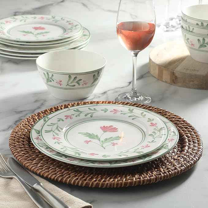Martha Stewart Maiden Crown Plates and Bowls Sets, 12-Piece New Bone China Dinnerware Sets, Botanical Floral Design Dish Set, Microwave & Dishwasher Safe