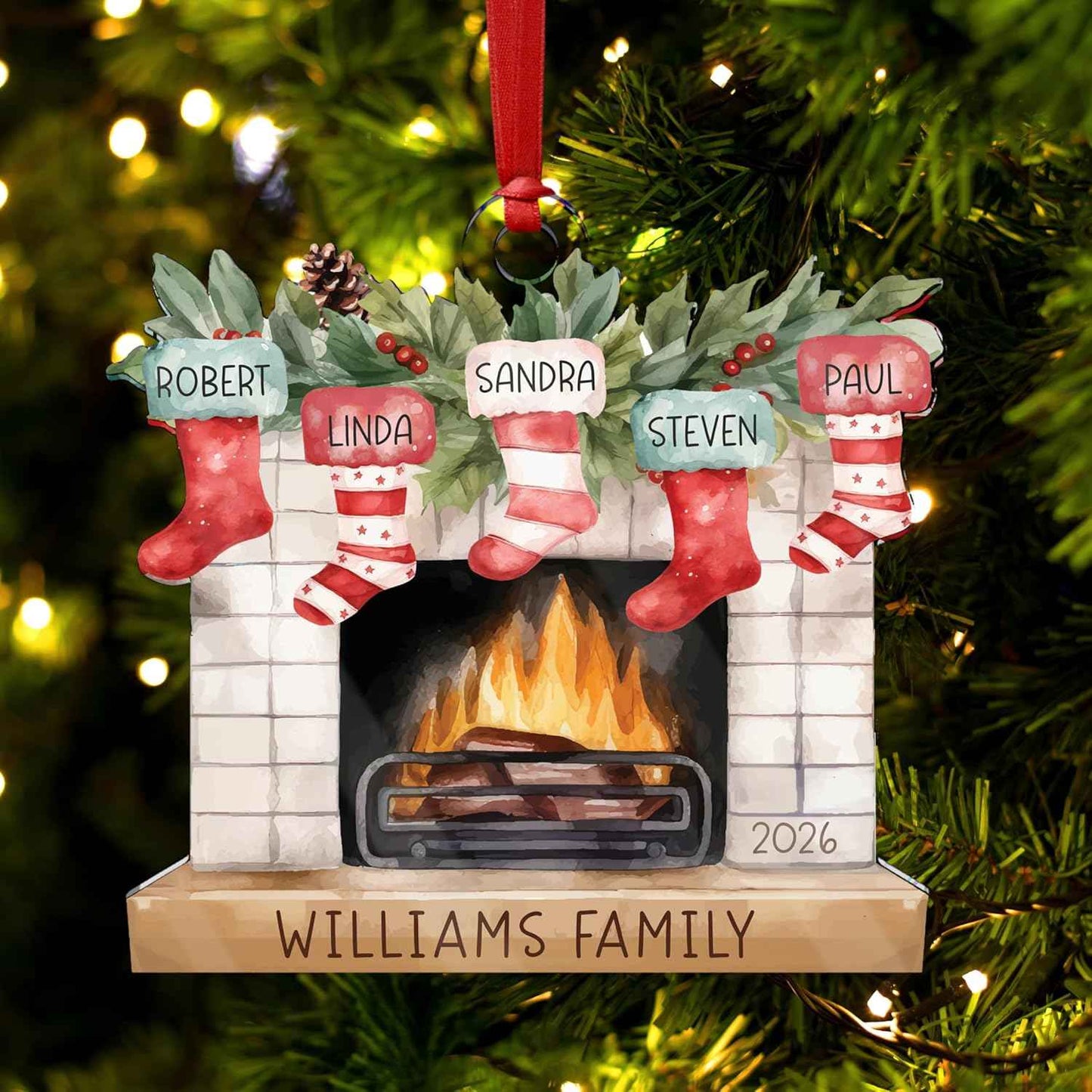 Christmas 2026 Family Ornaments Personalized - Up to 7 Names - Custom Fireplace Mantle Ornament w/Names, Family Christmas Tree Ornament, Personalized 2025 Xmas Ornaments