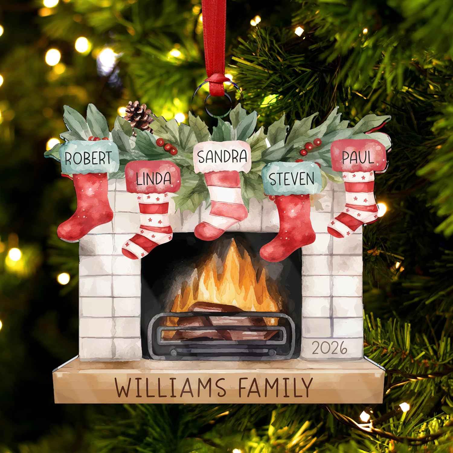 Christmas 2026 Family Ornaments Personalized - Up to 7 Names - Custom Fireplace Mantle Ornament w/Names, Family Christmas Tree Ornament, Personalized 2025 Xmas Ornaments