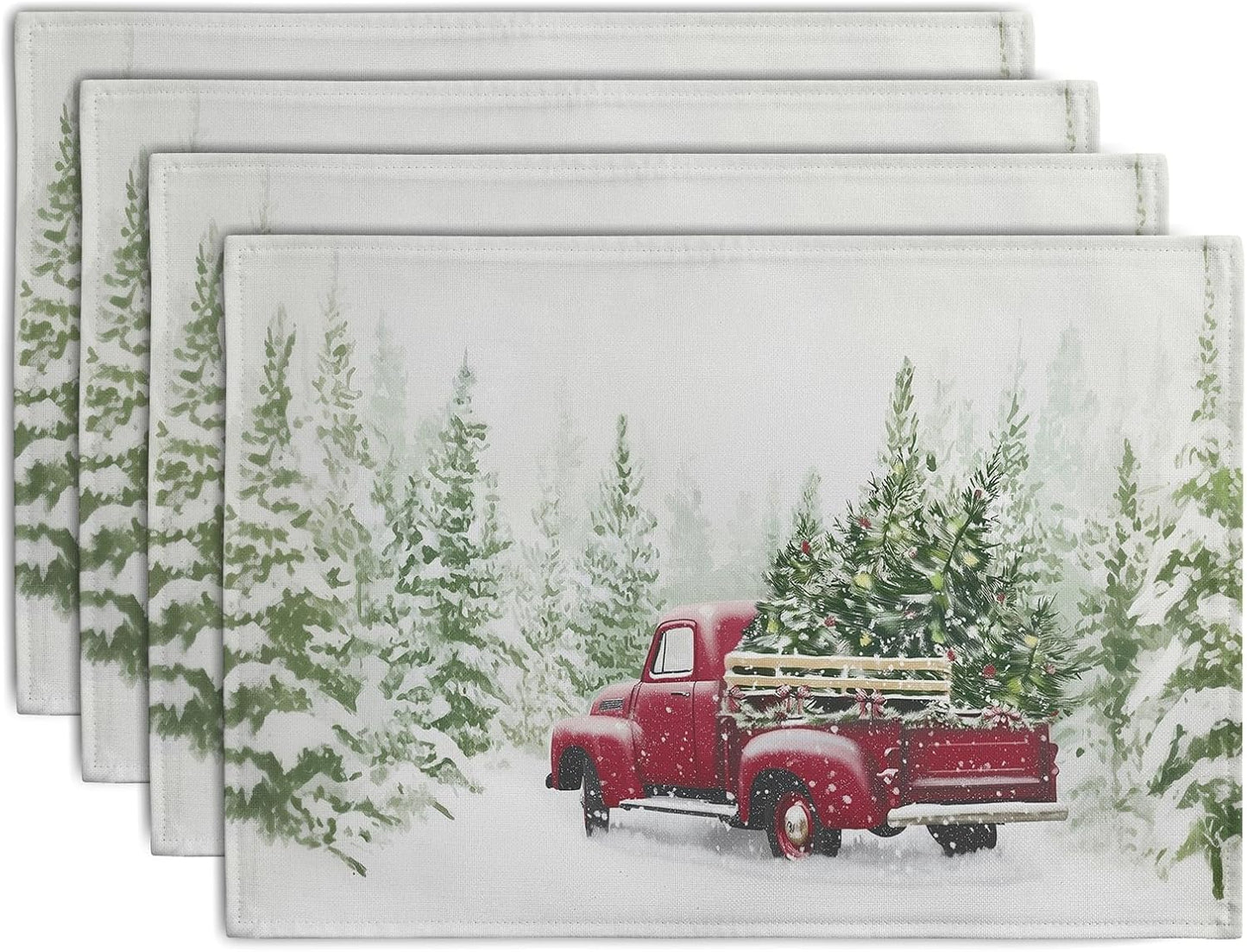 Red Truck Christmas Placemats Set of 4, 12x18 Inch Green Pine Tree Snow Xmas Table Mats Seasonal Rustic Farmhouse Linen Fabric Place Mats for Winter Holiday Party Kitchen Dining Decor