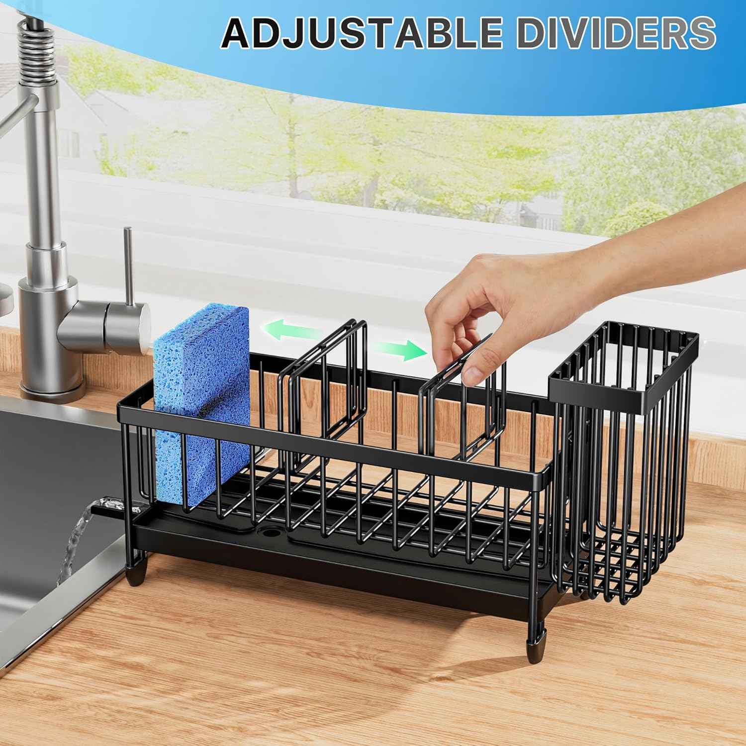 Cisily Sponge Holder for Kitchen Sink, Sink Caddy Organizer with High Brush Holder, Kitchen Countertop Organizers and Storage Essentials, Rustproof 304 Stainless Steel (Black, 9.25″)