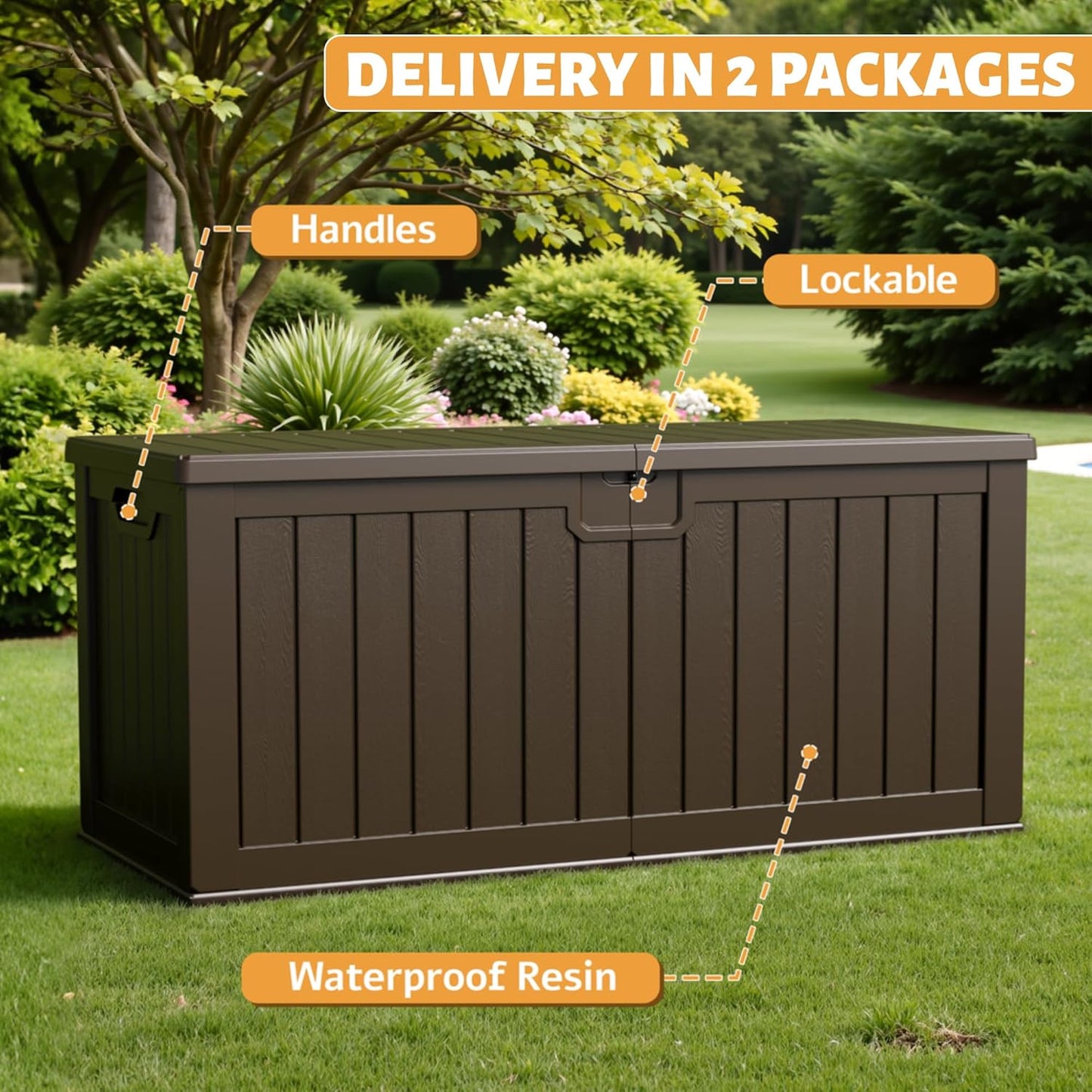 Flamaker Resin Deck Box 250 Gallon, Waterproof Imitation-Wood Lockable Storage Box with Separator Plate Outdoor Indoor, Garden, Patio Furniture for Tools&Pool Accessories (Deep Brown)