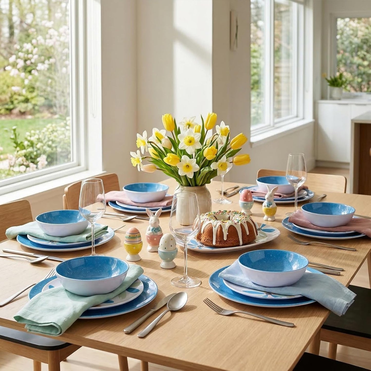 Outdoor Melamine Dinnerware Set 12 Pieces, Spring Party Blue Flowers Unbreakable Plates & Bowls, Dishwasher Safe Lightweight for Picnic Pool Party Camping