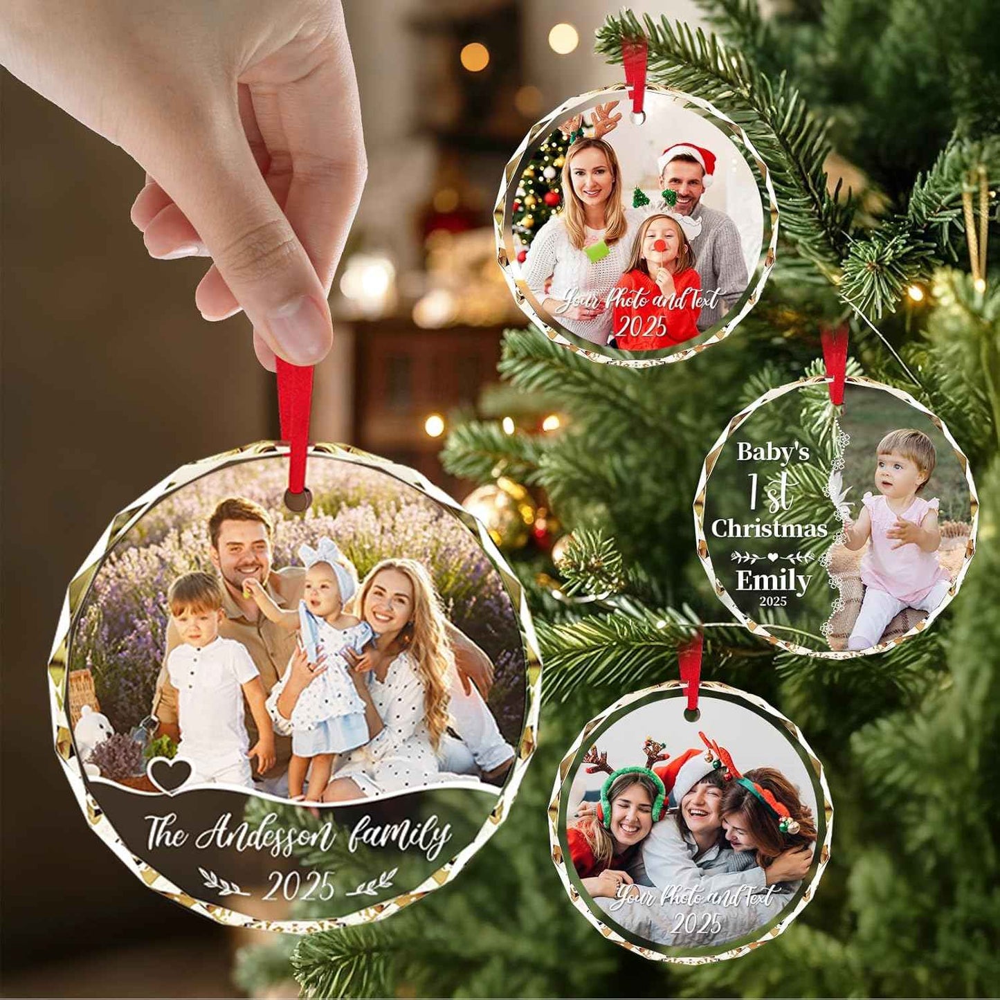 Personalized Christmas Ornaments 2025 - Personalized Christmas Crystal Decor with Photo/Name, Custom Xmas Tree Crystal Glass Hanging Ornament, Customized Decoration Gifts for Family Lovers