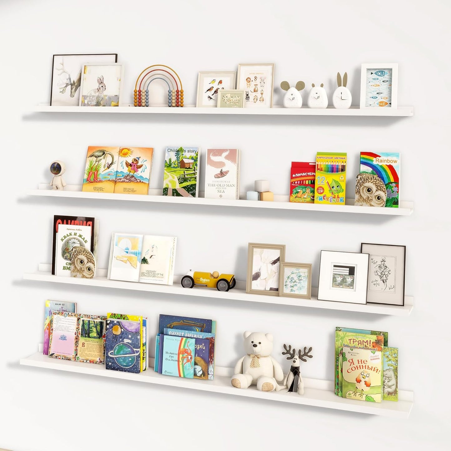 Picture Ledge Shelf for Wall, 72 inch Nursery Book Shelves 4 Packs, Large Long Floating Ledge Shelves for Kid's Room Bedroom Bathroom Living Room Photo Frames Office Nursery Wall Decor, White