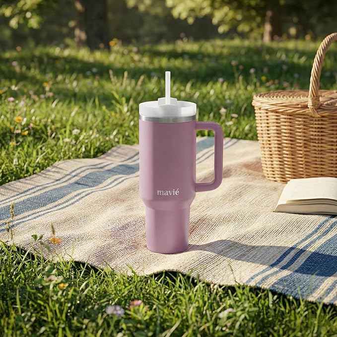 40oz Tumbler With Handle & Straw, Vacuum Insulated Stainless Steel Water Bottle With Leakproof Twist Sip Lid, Rubber Base, Dishwasher Safe, Cup Holder Friendly Travel Coffee Mug (Lilac)