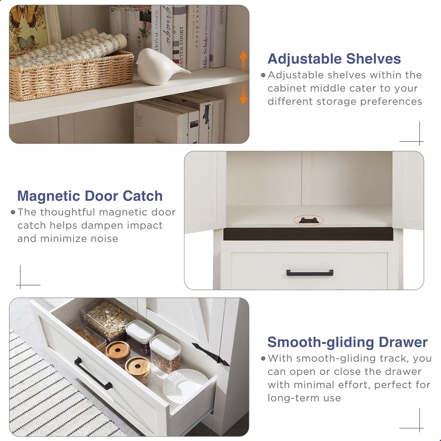 JXQTLINGMU Farmhouse Kitchen Pantry Cabinet - 72" Tall Wood Kitchen Storage Cabinets with Adjustable Shelves & 2 Barn Style Doors & Drawer, Versatile Storage for Dining Room, Bathroom, Antique White