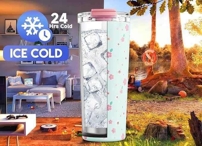Meoky 24 oz Travel Coffee Mug with Leak-proof Lid, Stainless Steel Insulated Coffee Tumbler, Keeps Hot for 8 Hours or Cold for 24 Hours, Fits in Car Cup Holder (Mint Petal)