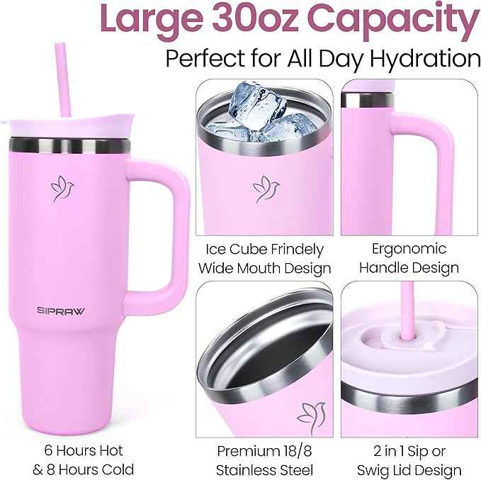 30oz Tumbler with Handle and Straw Insulated Stainless Steel Travel Mug Vacuum Double Wall Coffee Cup Leak Resistant Lid BPA-Free Cup Holder Friendly for Hot & Cold Drinks, Pink