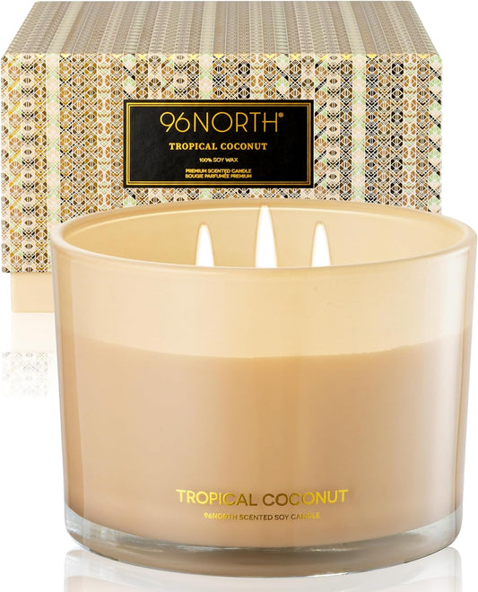 96NORTH Luxury Coconut Soy Candle | Large 3 Wick Jar Candle | Up to 50 Hours Burning Time | Tropical Beach Scented Candles for Home | 100% Natural Soy Wax | Housewarming Gift for Women and Men