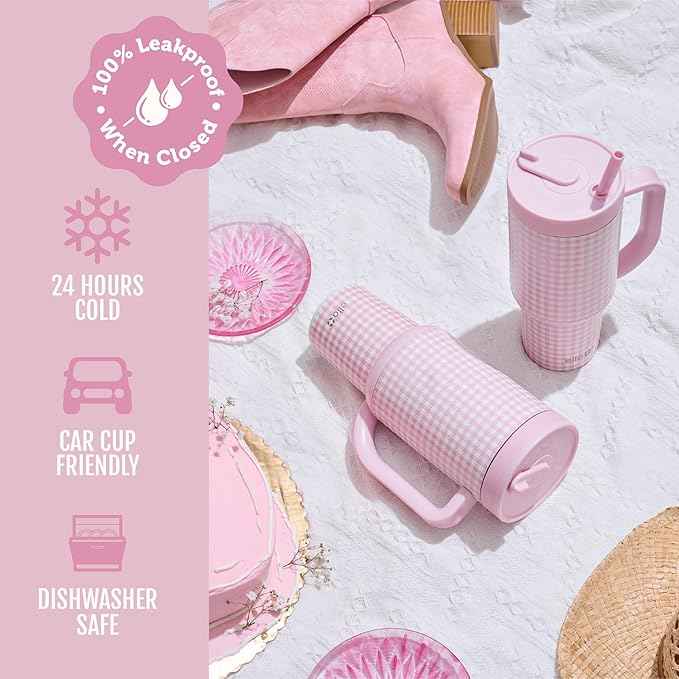 Ello Oasis 30 oz Tumbler with Handle & Retracting Straw | Reusable Insulated Stainless Steel Cup 100% Leakproof, Gifts for Teens Women Men | Keeps cold for 24 Hours, Cup Holder Friendly, Pink Gingham