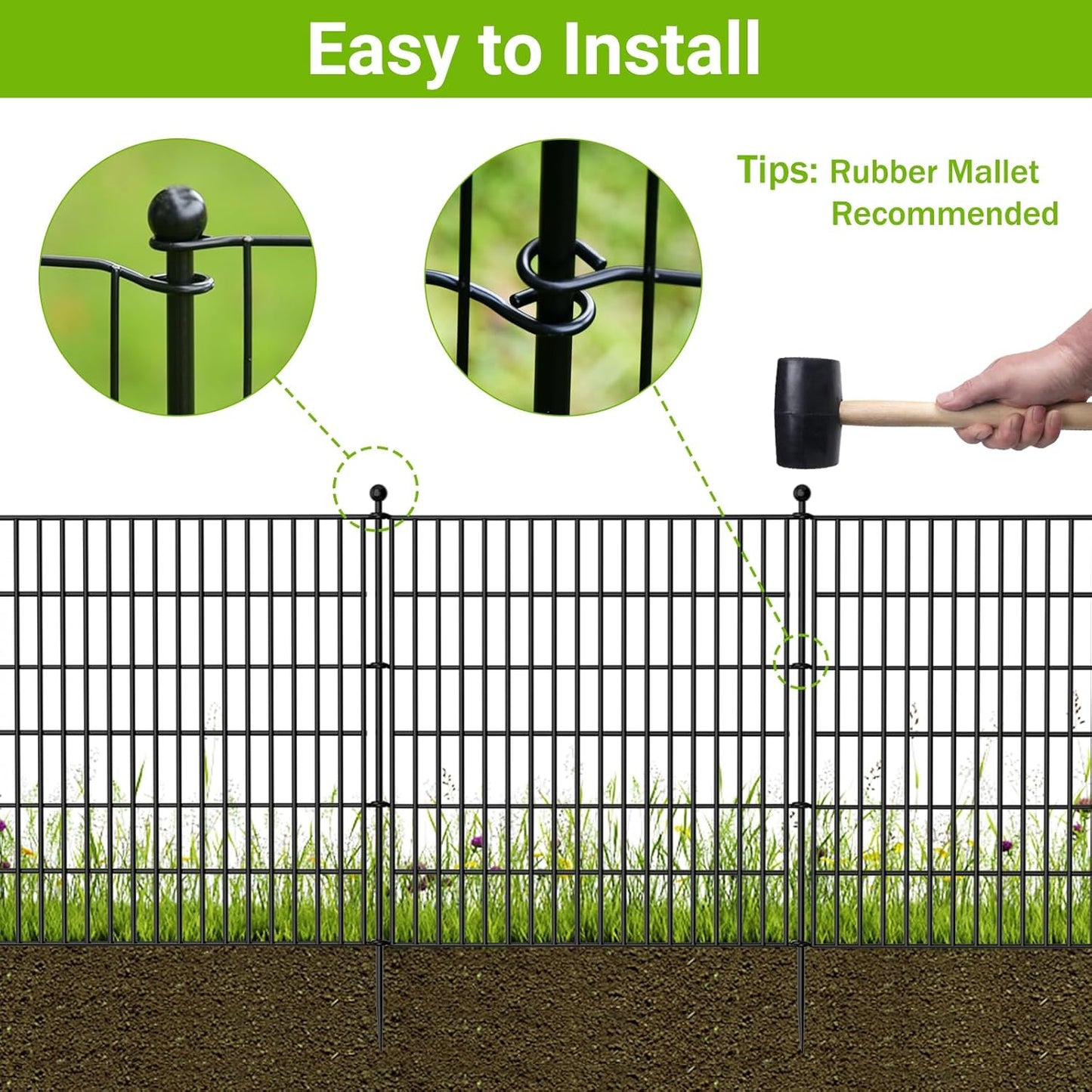 20 Panels No Dig Decorative Outdoor Garden Fence for Yard with Gate, 40 in(H) X 47.2 ft(L) Animal Barrier Fencing Rustproof Metal Wire Panel Border for Dog, Rabbits, and Patio Temporary Ground Stakes