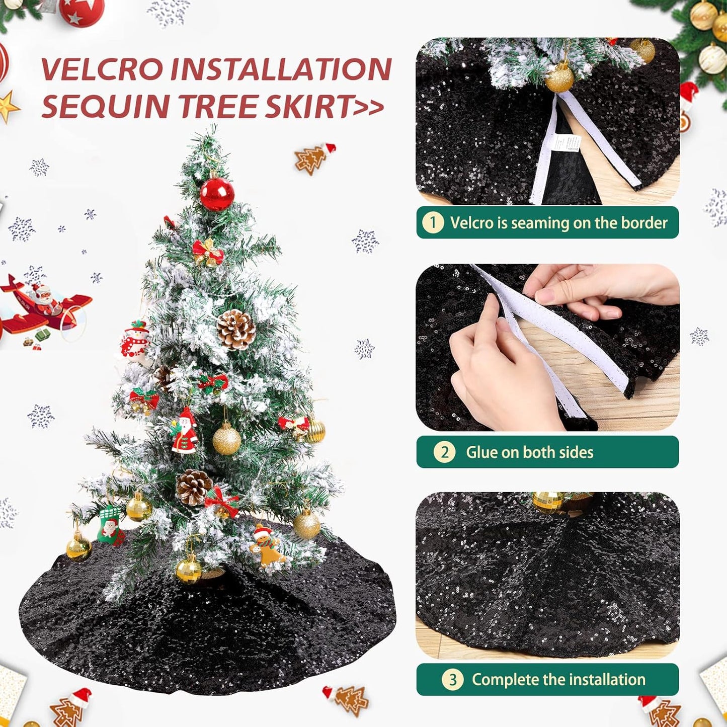 Glitter Black Tree Skirt 24 Inches Sequin Fabric Xmas Small Tree Skirt Tabletop Tree Christmas Halloween Party Ornaments