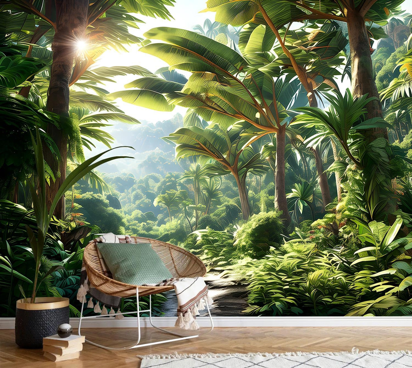 AFZEVEB-Green Tree Wall Mural Tropical Jungle Wallpaper for Bedroom 136"x96"(Not Peel and Stick)