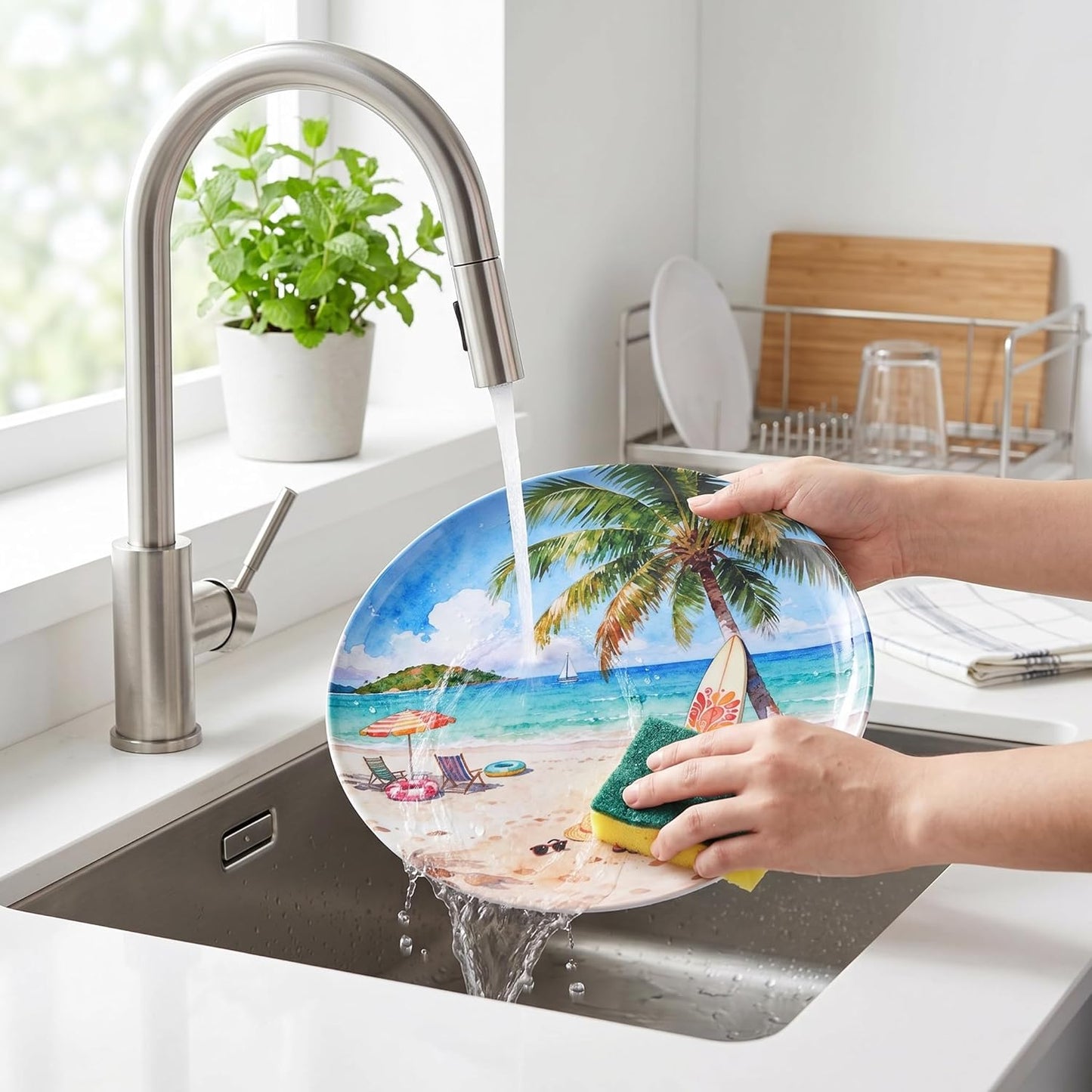 10.5 Inch Melamine Plates Set of 12 – Lightweight & Unbreakable Dinner Plates, Chip Resistant & Dishwasher Safe, Summer Beach Design for Indoor and Outdoor Use