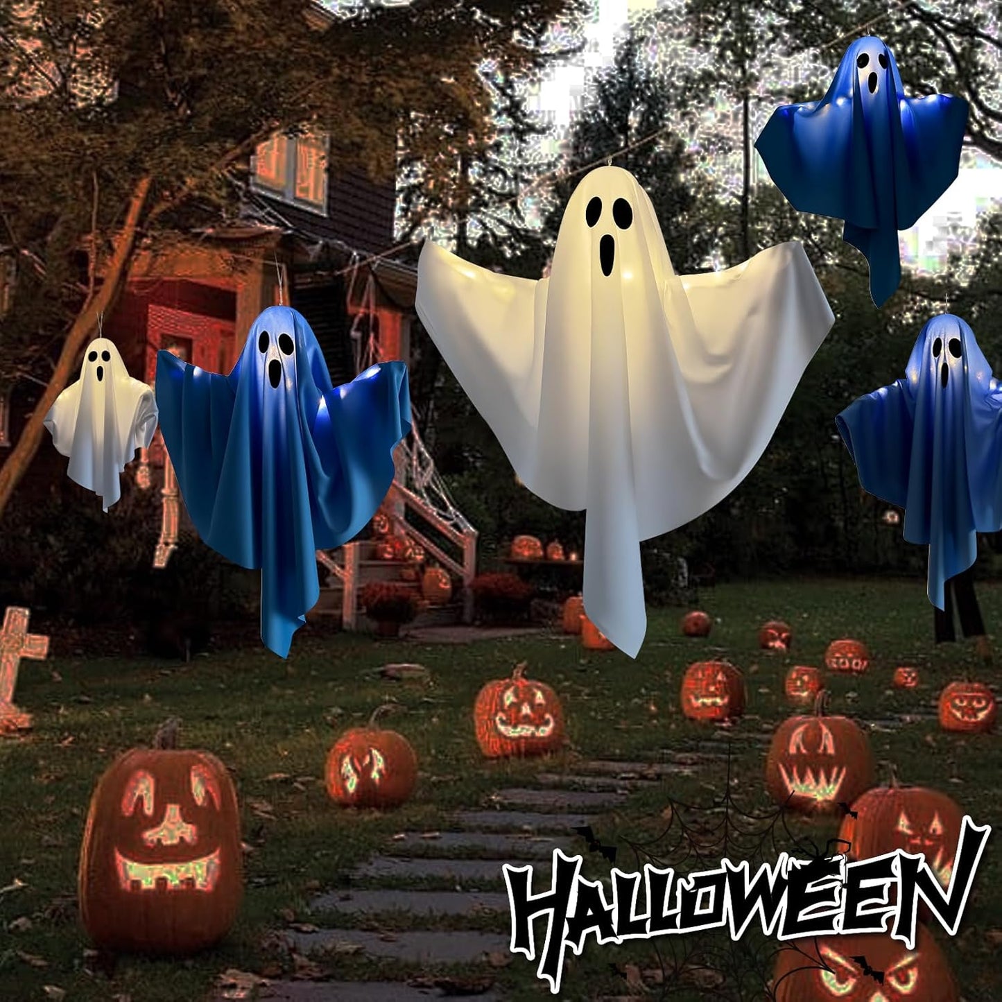 Halloween Light-up Ghost Decorations, White Hanging Flying Ghosts for Front Yard, Patio, Lawn, Garden, Party, 22.5 Inch, 3 Pack (White)
