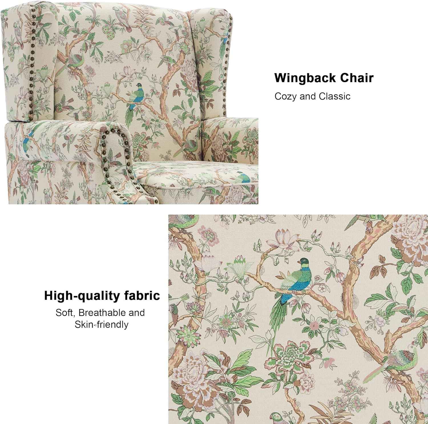 Floral High Back Accent Chair, Upholstered Armchair with Solid Wood Legs, Comfy Wingback Reading Single Sofa Chair for Small Spaces, Living Room, Bedroom(Floral Bird, Set of 1)