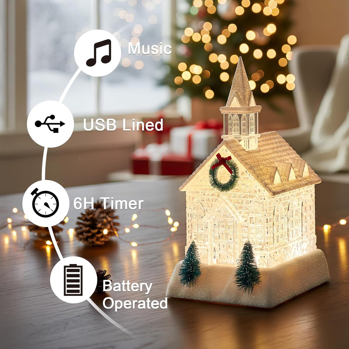 Christmas Lighted Church Water Lantern Snow Globe with Evergreens and Wreath， USB Lined/Battery Operated Lighted Lantern for Christmas Festival Decoration Gifts