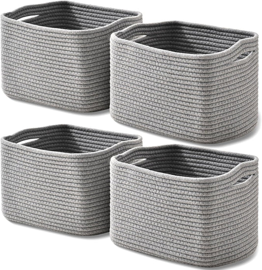 Small Storage Baskets for Shelves Organizing, Woven Cotton Rope Baskets for Storage, Book Basket, Decorative Shelf Basket, 12.5"Lx9.1''Wx7.9''H (4 Packs) Grey
