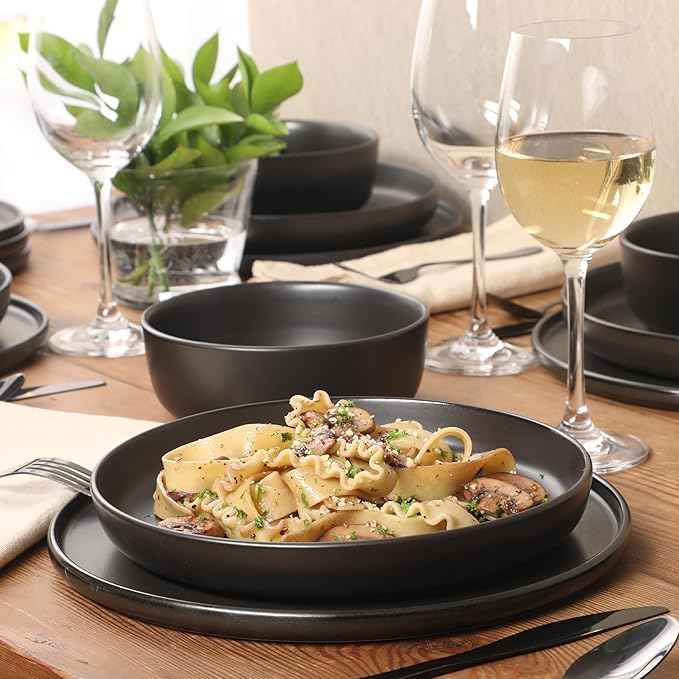 Gibson Elite Bayou Moon Plates and Bowls Sets, 16-Piece Black Matte Stoneware Dinnerware Sets, Solid Color Reactive Glaze Dish Set