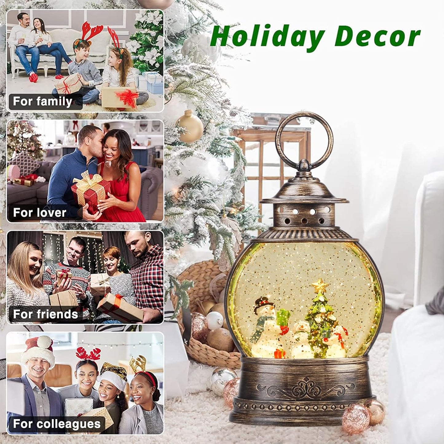 Christmas Snow Globe Lantern, Musical Lighted Snowman and Tree Snow Globes with 6H Timer, Battery & USB Operated Spinning and Swirling Glitter Snow Globes Christmas Decorations