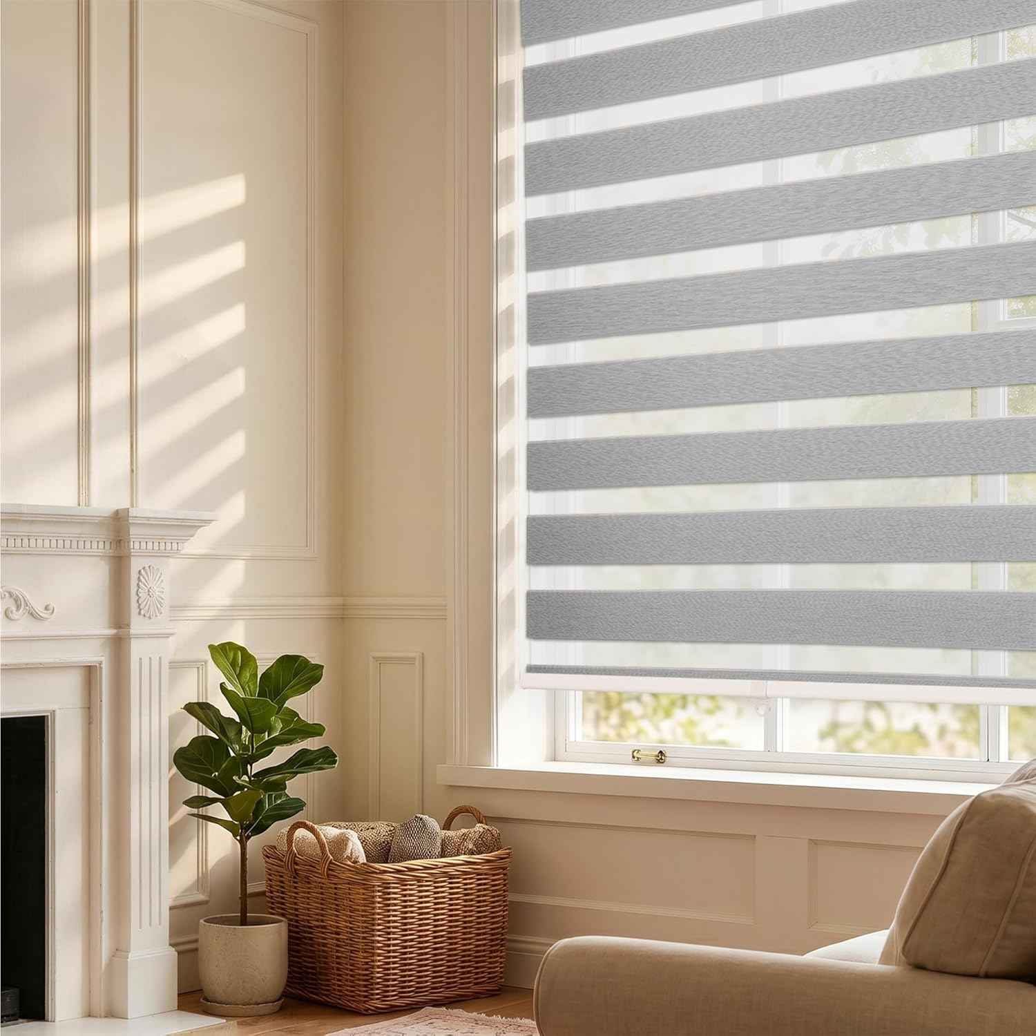 HESTIA Cordless Light Filtering Zebra Shades for Windows, Day Night Dual-Layer Linen-Look Woven Fabric Roller Shades, Privacy Light Control for Living Room/Home Office, Light Grey, 44" W x 72" H