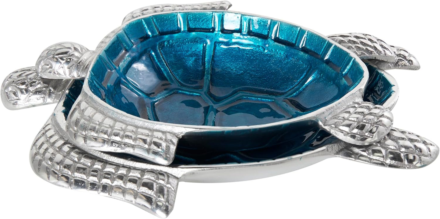 Deco 79 Aluminum Metal Turtle Decorative Bowl Decorative Bowl Enameled Decorative Containers with Silver Metal Exterior, Set of 2 Decorative Keepsake Boxes 10", 8"W, Blue