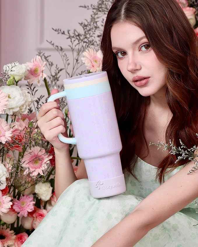 40 oz Insulated Tumbler with Handle and Push-Button Straw Lid, Stainless Steel Travel Cup for Gym Office, Leakproof, BPA-Free, Cup Holder Friendly, Bow Silicone Boot, Purple (Bow Lilac)