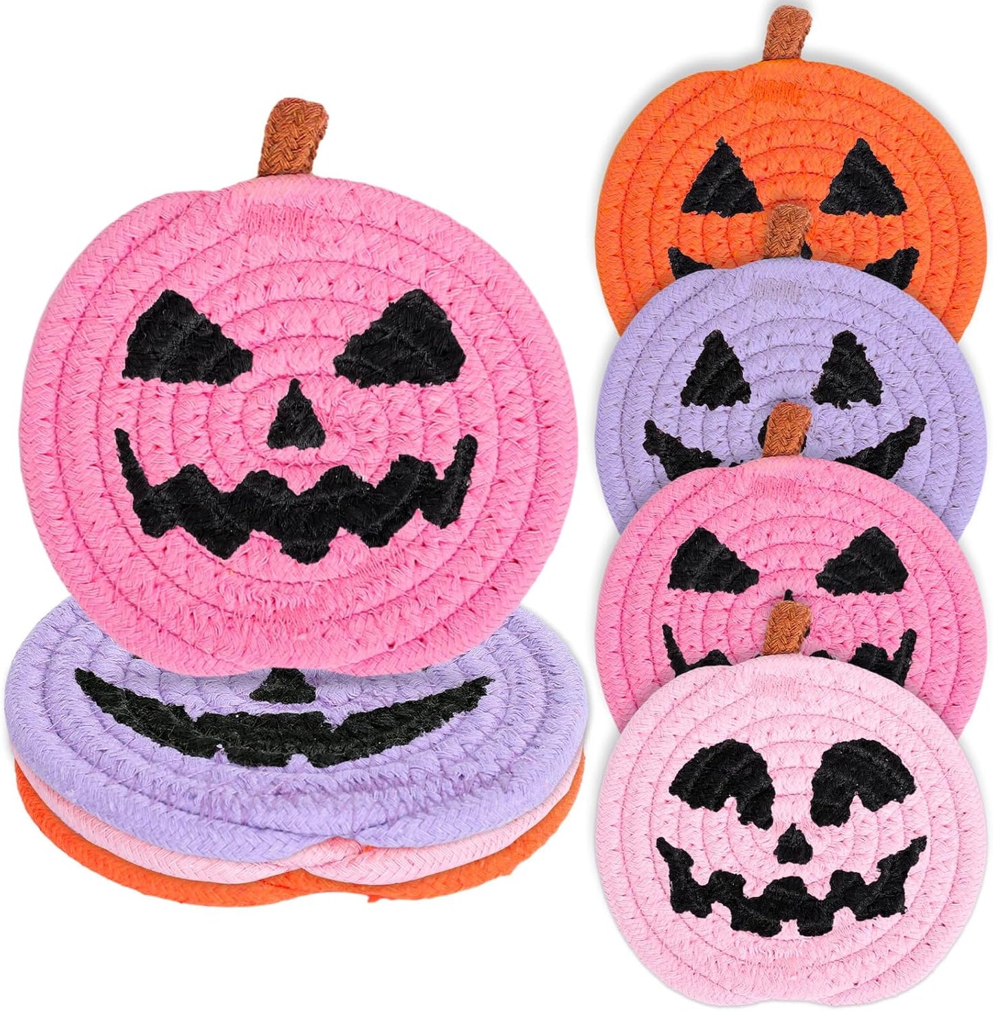Whaline Halloween Pumpkin Cotton Coasters Colored Pumpkin Face Handmade Braided Drink Coasters Pink Purple Orange Absorbent Cup Mats for Trick or Treat Party Home Table Decor, Set of 4