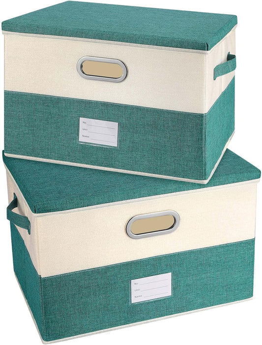 Large Linen Fabric Foldable Storage Bins with Removable Lid and Handles, Washable Storage Box Organizer Containers Baskets Cube with Cover for Bedroom,Office (Turquoise&Cream, Large(2-Pack))