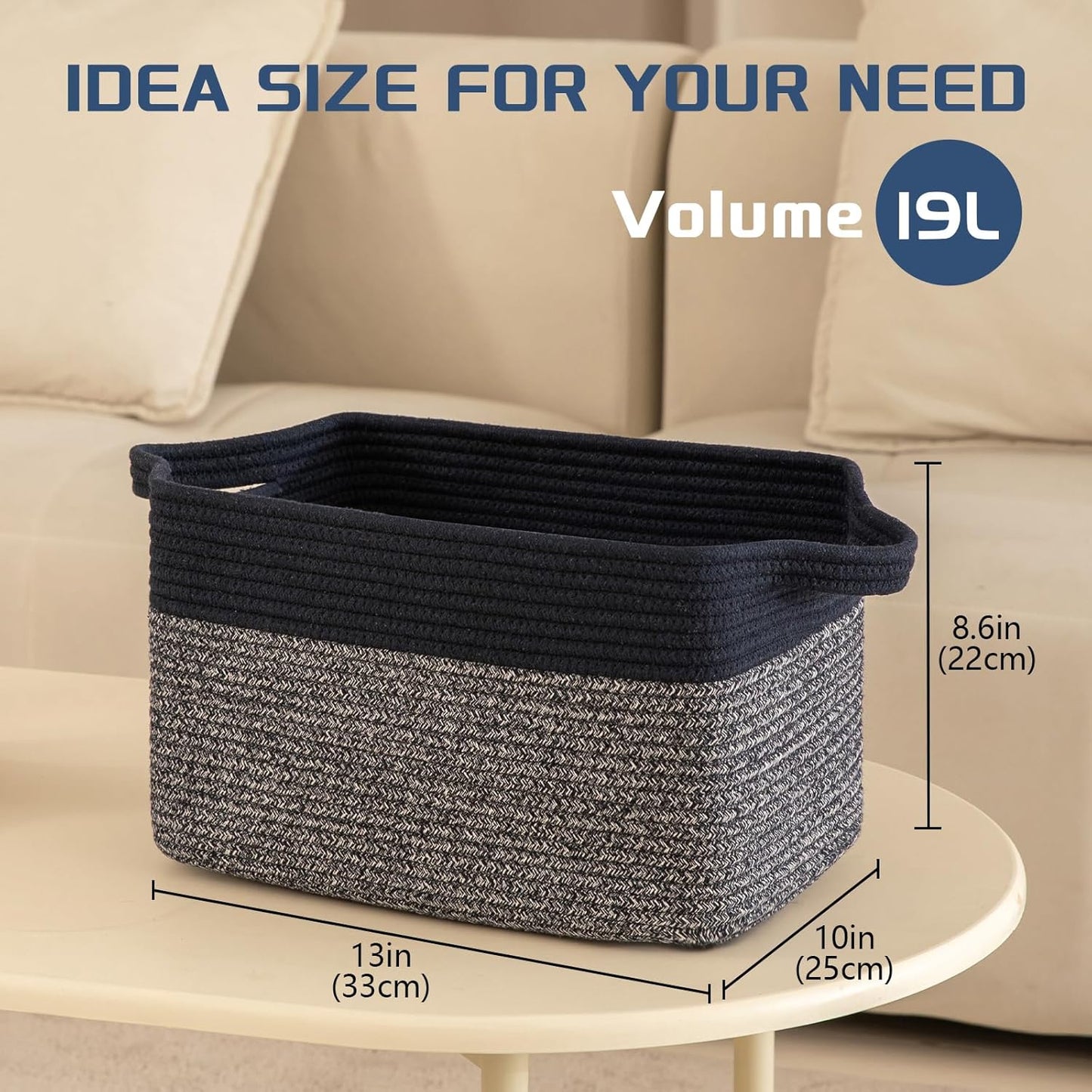 Storage Basket for Organizing, Woven Baskets for Storage, Rectangle Decorative Baskets for Shleves, Closet, Toys, Books, Nursery Organizer Bins - Pack of 3 (Blue & Black)