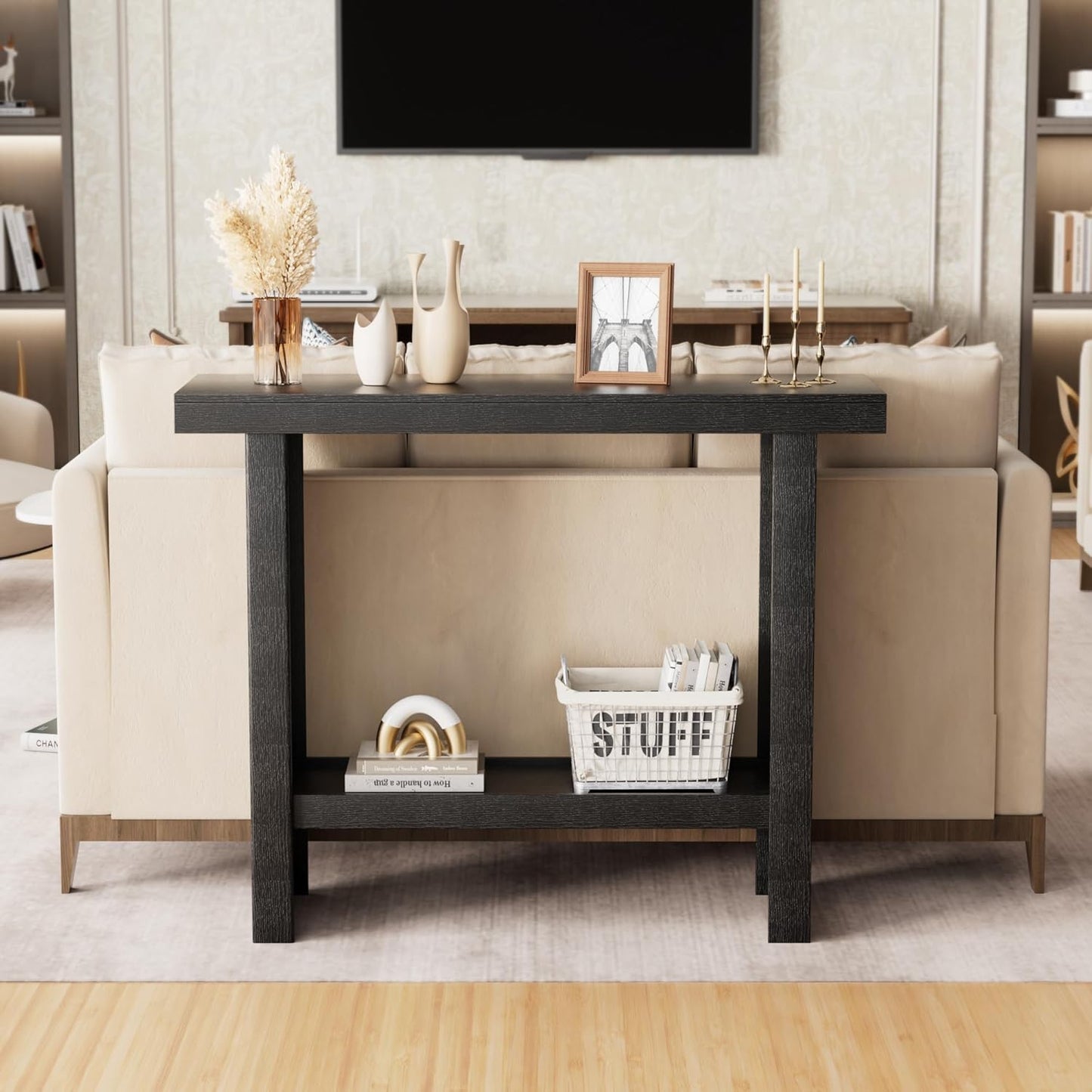 LIFECHOVY Modern Console Tables with Storage, Narrow Entryway Table for Hallway, Behind The Couch Sofa, Entrance Table with Shelves for Living Room, Foyer, Black
