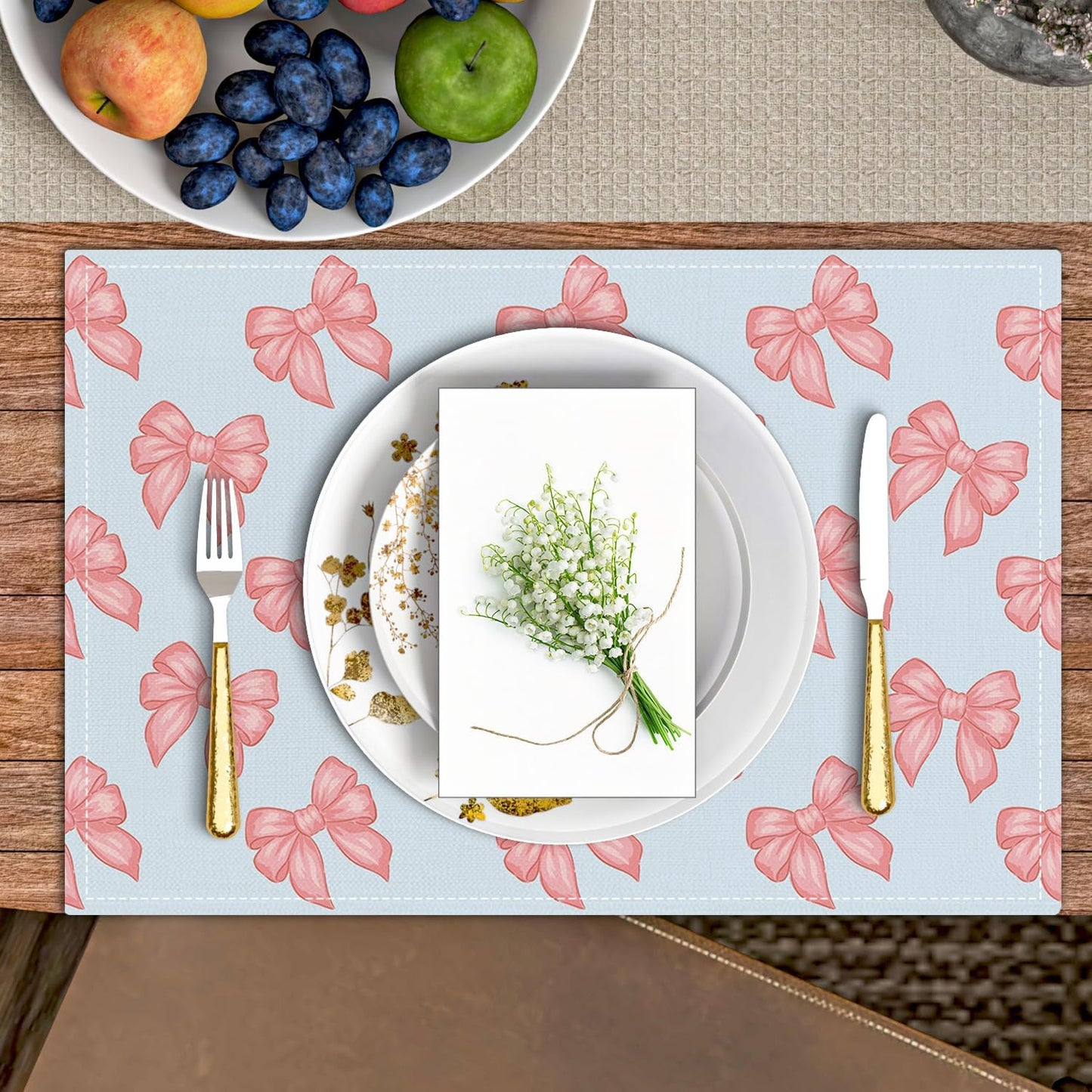 Pink Bow Placemats Set of 4, Blue Table Mat for Home Kitchen, Restaurants, Outdoor Linen Washable Place Mats 12x18 inch Party Event Dining Decoration-04