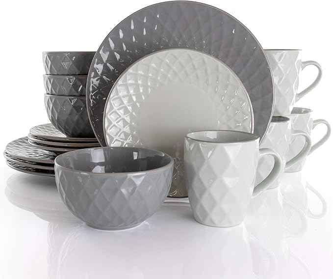 Elama Round Stoneware Collection Dinnerware Dish Set, 16 Piece, Slate and Pearl