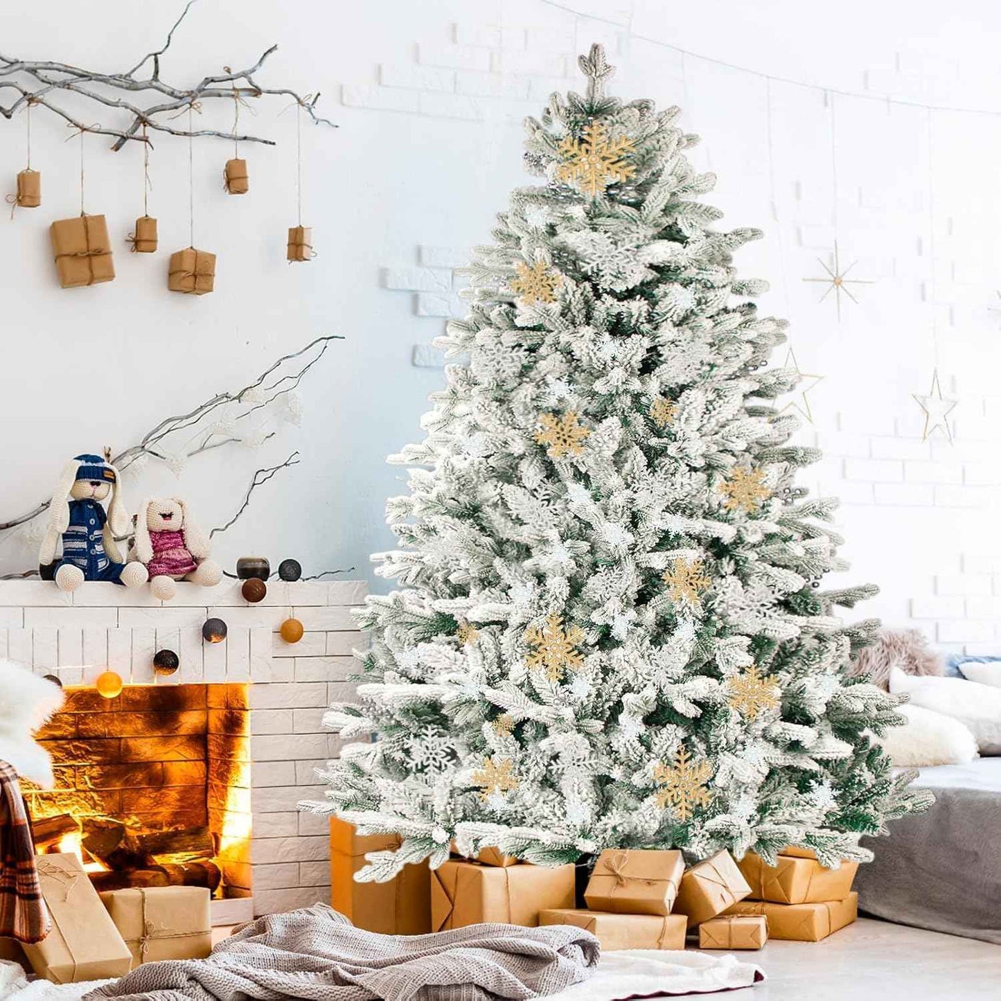 Outroad 7ft Snow Flocked Christmas Tree Premium Hinged Artificial Pine Tree, Xmas Tree Metal Stand and 1000 Lush Branch Tips Holiday Decorate, Easy to Assemble, White