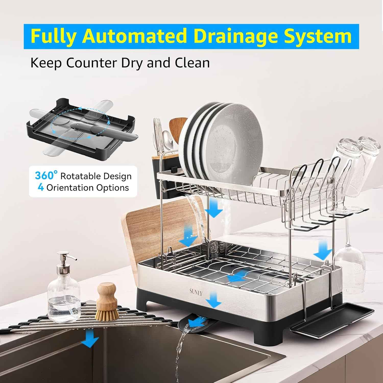 SUNLY 2 Tier Dish Drying Rack, Extra Large Dish Rack, Multifunctional Large Dish Drainers for Kitchen Counter, 304 Stainless Steel Kitchen Drying Rack, Bowl Drying Rack, Extendable Drain Spout, Black