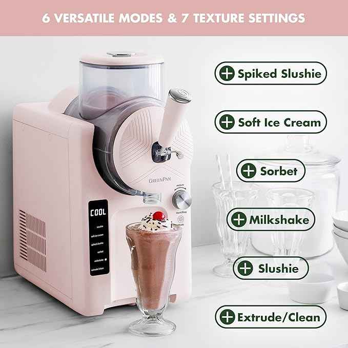 GreenPan Frost Ice Cream Maker & Slushie Machine, Soft Serve, Sorbet, Margaritas, Milkshakes, Frozen Yogurt, No Pre-Freezing, Ready in 15 Mins, 6 Modes, 7 Textures, Self-Cleaning, Family Size, Pink