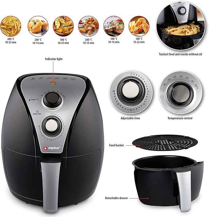 alpina Airfryer - Hot Air Fryer XL - Baking, Roasting, Grilling, Roasting and Frying - up to 80% Less Fat - 2-4 Persons - 3.2 liters - Black