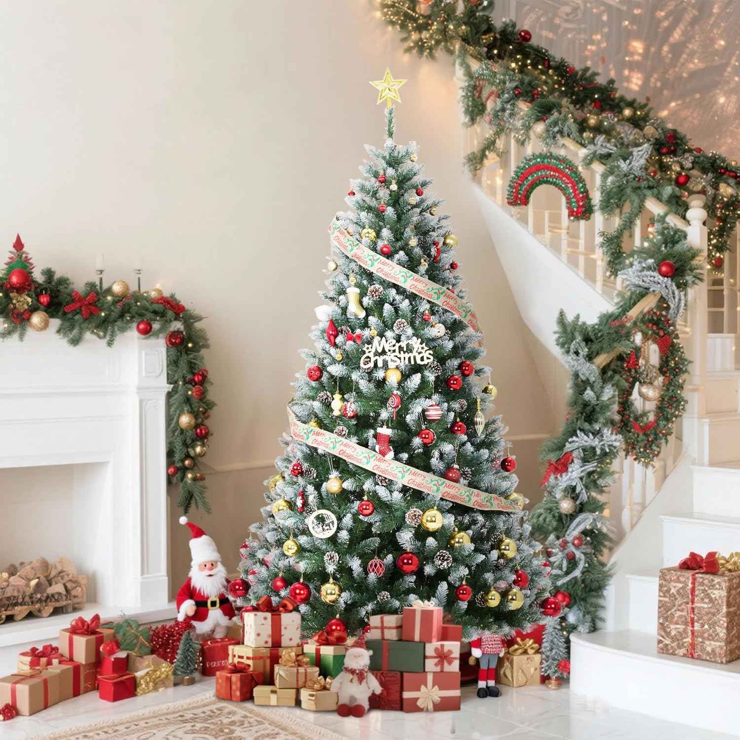 9 ft Christmas Tree, Christmas Decorations with 900 Lights, Pre-lit Artificial Christmas Tree with 1800 Snowy White PVC Branches, Flodable Metal Stand＆Easy Assembly