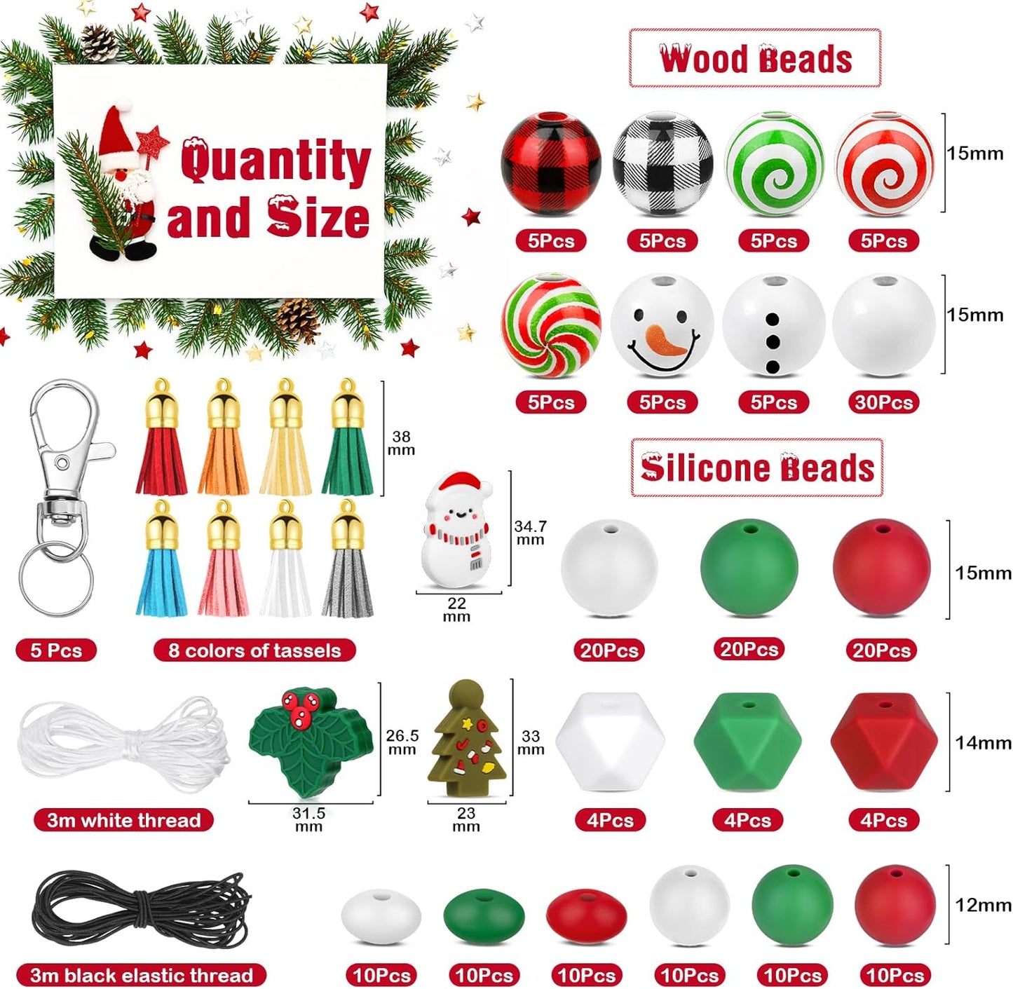 217 PCS Christmas Silicone Beads Bulk, 15mm Silicone Beads Xmas Christmas Wooden Beads Candy Cane Wood Beads Loose Rubber Beads Abacus Focal Beads for Keychain Necklace Making Pens Crafts Ornament