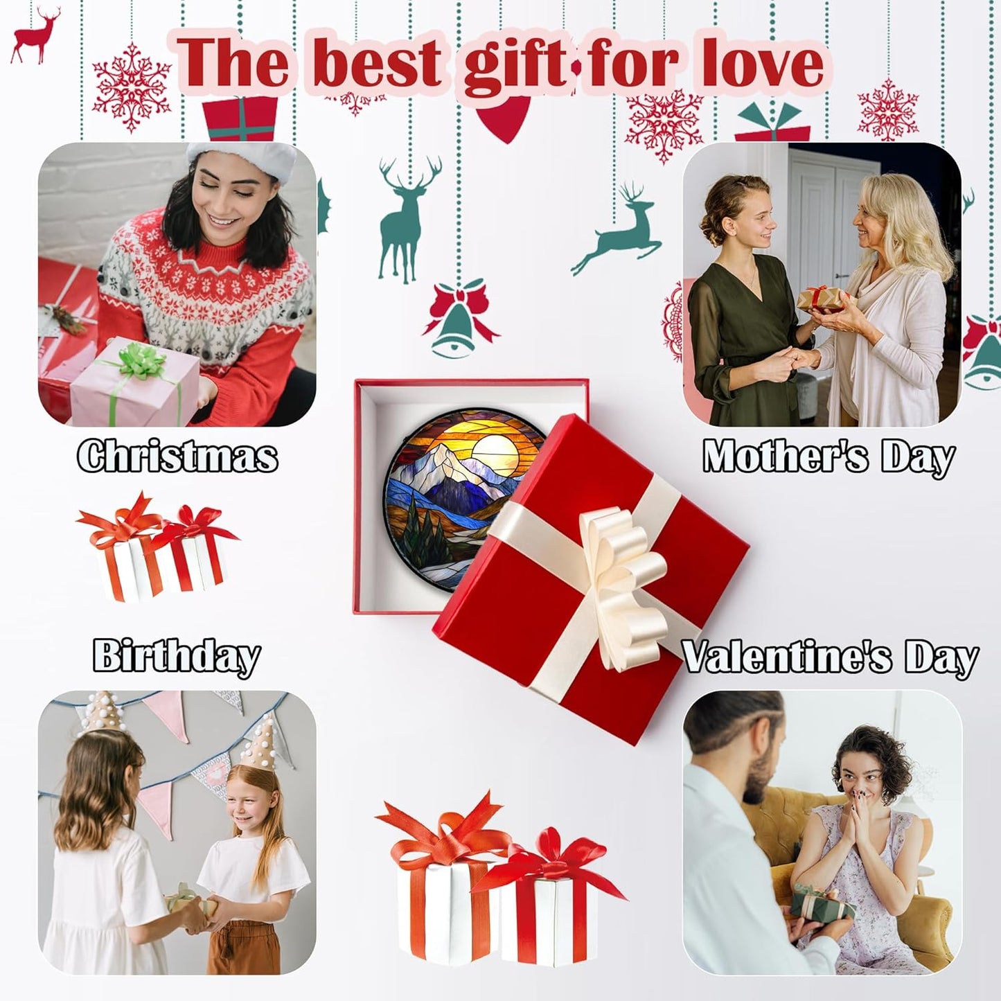 Stained Glass Window Hanging, Yellow Blue Sunset Mountains Scenery Sun Catcher for Window Home Decor Landscape Suncatcher Mother's Day Birthday Gifts for Women Men Mom and Nana 7.8 in