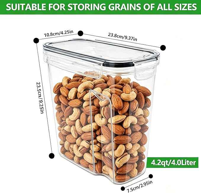 4 Pack 4L/135oz Cereal Storage Containers, Airtight BPA Free Plastic Cereal Dispenser with Lids, Large Dry Food Storage Canister for Pantry, Rice, Flour, Sugar, Pasta