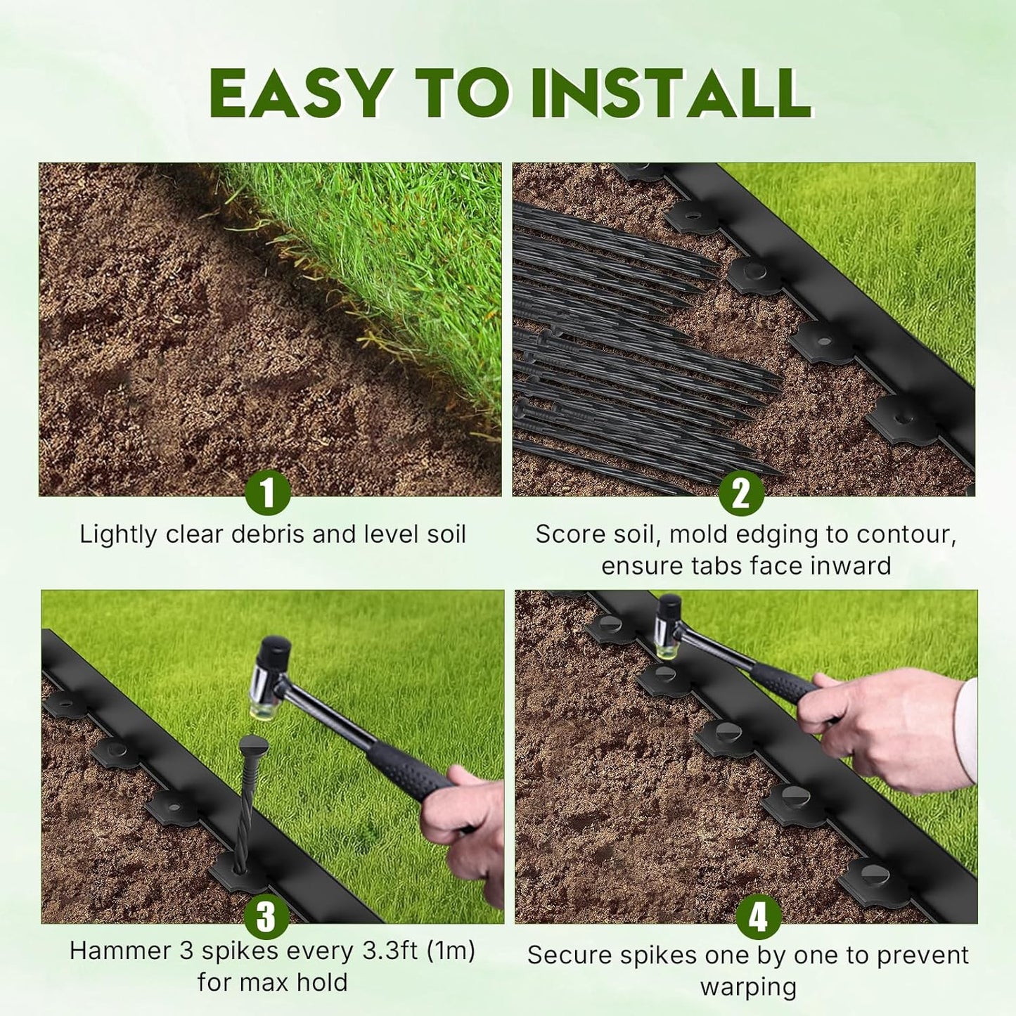 No Dig Landscape Edging 4" x 98.4FT Kit, Plastic Edging for Landscaping with 100 Spikes for Garden, Lawn, Flower Beds and Yard