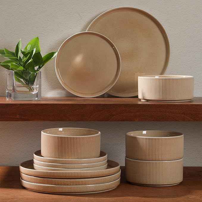 Gibson Elite Solana Coast 12 Piece Stoneware Reactive Glaze (Service for 4) Ceramic Plates and Bowls Modern Shape Embossed Dinnerware Set - Terracotta Orange