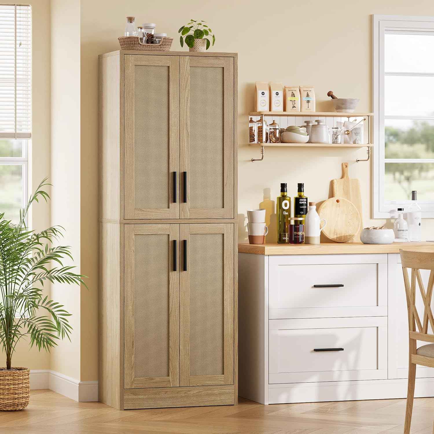 Pantry - Kitchen Pantry Cabinet, Tall Storage Rattan Cabinet with 4 Doors and Adjustable Shelves, Linen Closet Freestanding Cupboard for Dining Room Living Room, Laundry, Bathroom