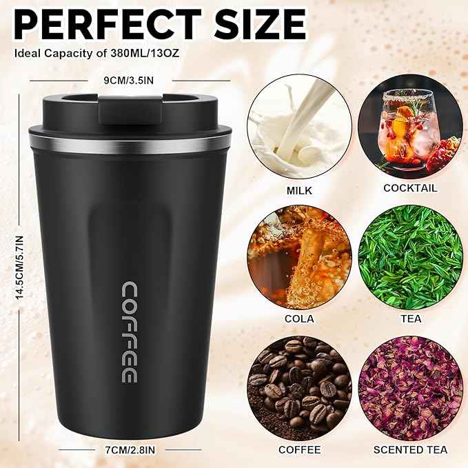 MOMSIV 12oz Travel Mug, Insulated Coffee Cup with Leakproof Lid, Vacuum Stainless Steel Double Walled Reusable Tumbler for Hot and Cold Water Coffee and Tea In Travel and Car Black