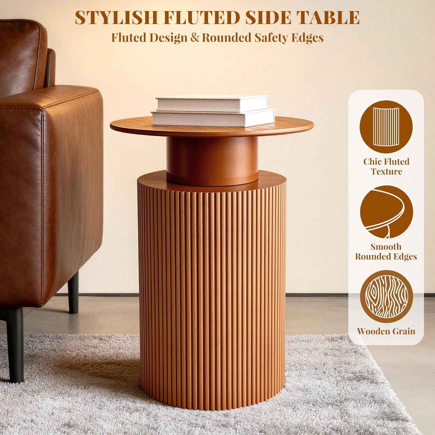 Round Side Table, 24" Fluted End Table with Storage, Mid Century Nightstand Modern Wood Bedside Accent Table, Farmhouse Circle End Tables for Couch, Home, Small Spaces, Bedroom, Living Room